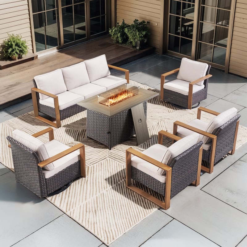 Pocassy Fire Pit Table with Outdoor Sofa Chair Ottoman Set - Brown Wicker Beige Cushion - 6-Piece Sofa Chair with Fire Table