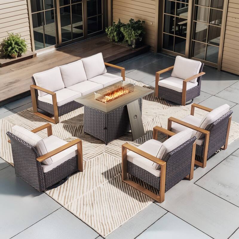 Pocassy Outdoor Sofa Patio Chair with Fire Table Set - Brown Wicker Beige Cushion - 6-Piece Sofa Chair with Fire Table
