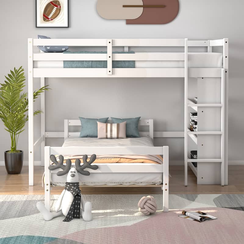 Costway Twin Over Twin Loft Bunk Bed Wood w/Bookcase Guardrail Ladder - 79.5'' x 44'' x 58.5''
