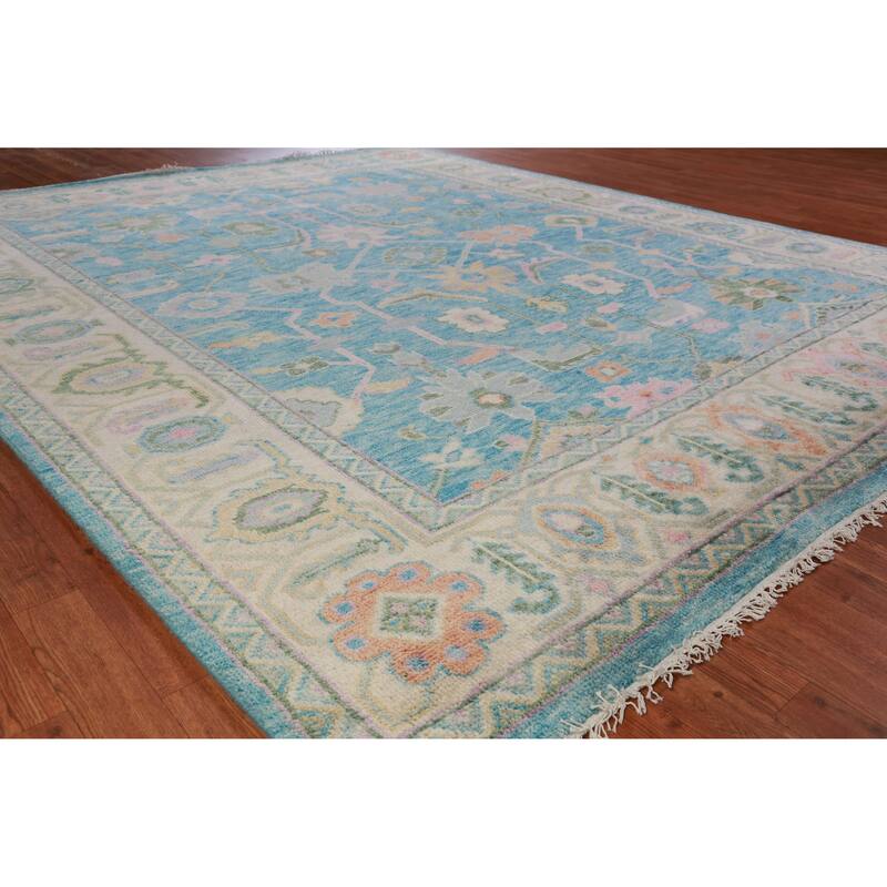 Hand Knotted Oriental 100% Wool Carpet Transitional All-Over Navy Blue & Blues Oushak Area Rug - 9' 8'' X 8' 0''