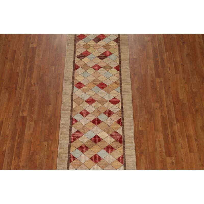 Hand Knotted Oriental 100% Wool Carpet Tribal Geometric Brown Gabbeh (kashkoli) Runner Rug - 10' 9'' X 2' 8''