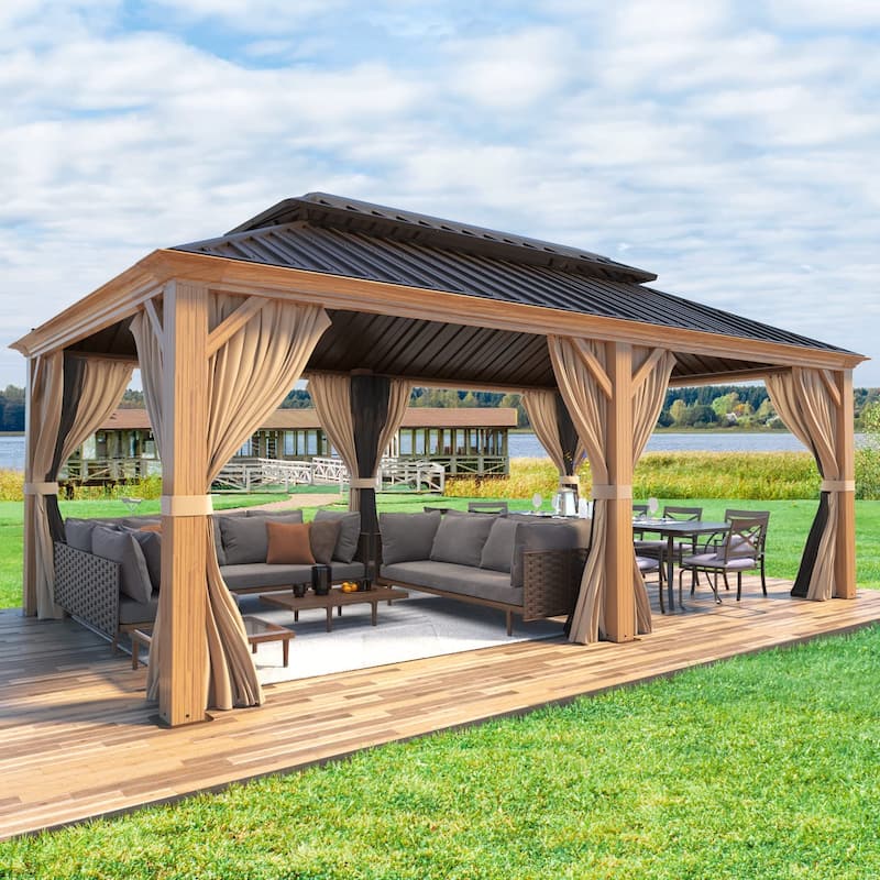 Outdoor Galvanized Steel Roof Gazebo Pergola w Wooden Coated Alumninum Frame, Privacy Curtains and Nettings Include