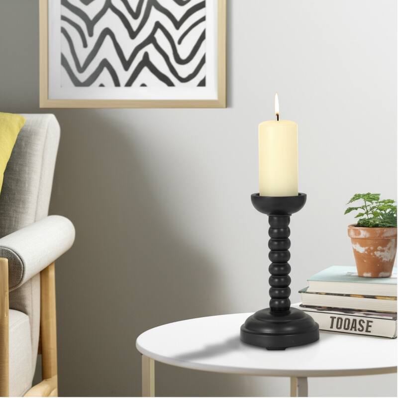 Wood Candle Holder Sculpted Round Base and Turned Detailing Accent - Black - 5" x 5" x 10"