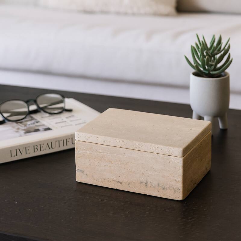 Travertine Decorative Box with Lid - Tan