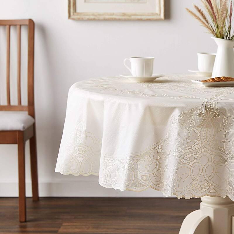 Violet Linen Vinyl Lace Betenburg Design Tablecloth - 72" Round - Beige