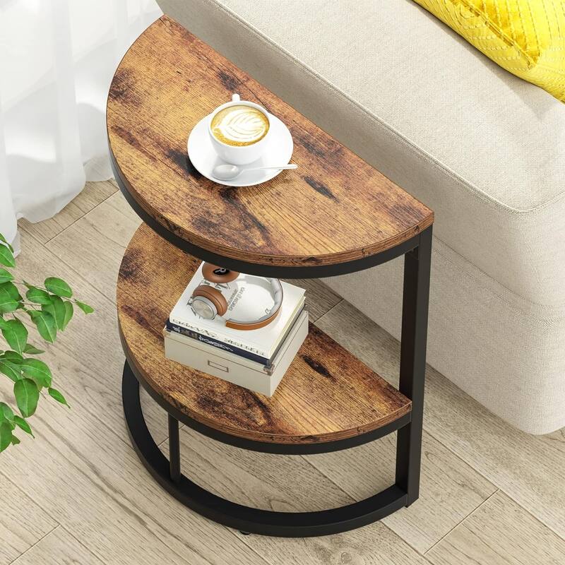 Half Round End Table with Storage, Small Wood Side Table for Living Room