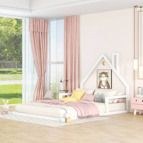 slide 2 of 9, Full Size Floor Bed with House Headboard - Sturdy Wood, Easy Assembly, White White