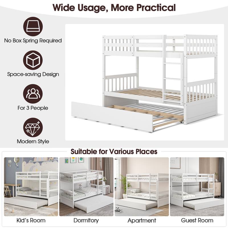 Costway Twin Over Twin Bunk Bed with Twin Trundle Solid Wood Frame - See Details
