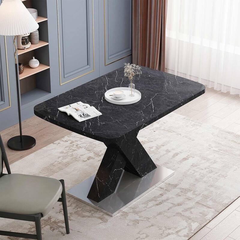 62.99" Faux Marble Rectangular Extendable Dining Table with X-Legs and Metal Base