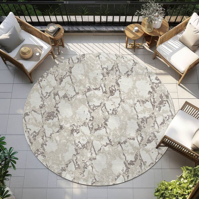 Machine Washable Indoor/ Outdoor Abstract Modern Chantille Rug - Ivory - 8' x 8'