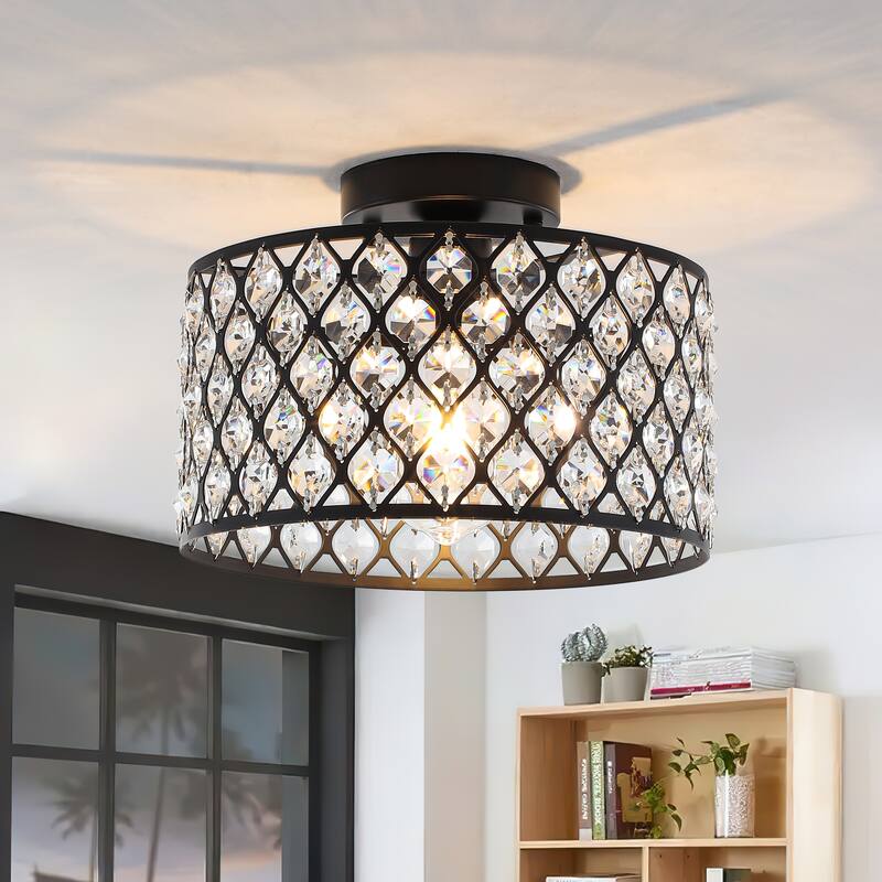 1-Light Modern Vintage Drum Crystal Semi-Flush Mount Ceiling Light - Matte Black