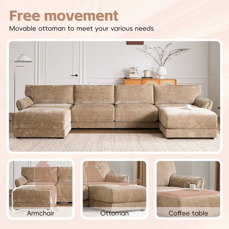 142" Chenille U-Shaped 6-Seater Sectional Sofa with USB/Type-C Charging, Petal Armrests and Free-Move Ottoman