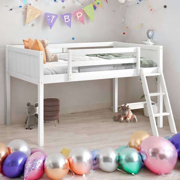 slide 2 of 9, Twin Size Wood Low Loft Bed with Convertible Ladder, Sturdy Frame and Safety Guardrails, Easy Assembly, White White
