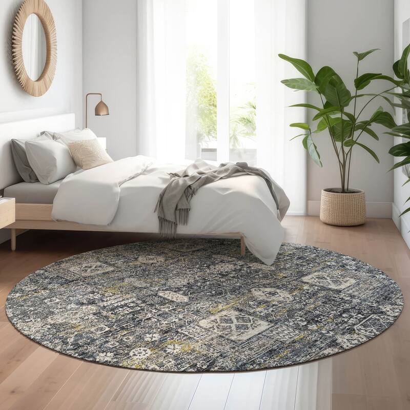 Premium Washable Super Soft Traditional Persian Mayfield Rug - Charcoal - 8' x 8' - Round