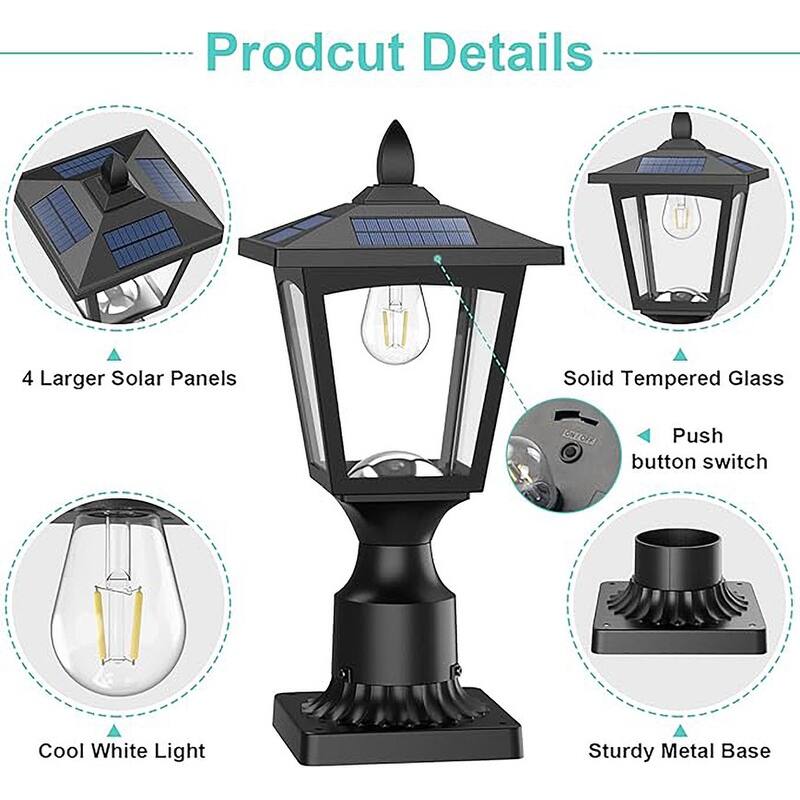 Solar Post Lights Outdoor Waterproof IP44, Warm White LED Lamp for Garden, Pathway, Driveway, Fence, Patio Decor - 15.75''