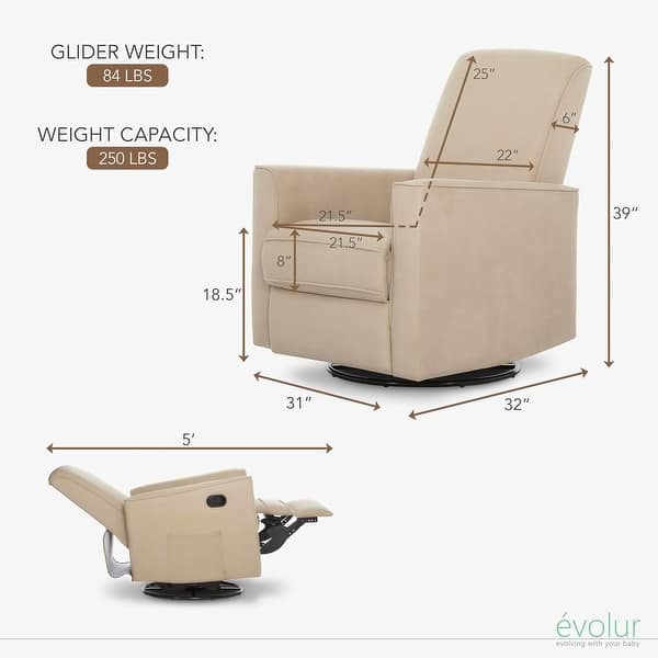 dimension image slide 0 of 3, Evolur Raleigh Glider in Light Sand, Upholstered Plush Seating 360° Swivel Glider Rocking Chair
