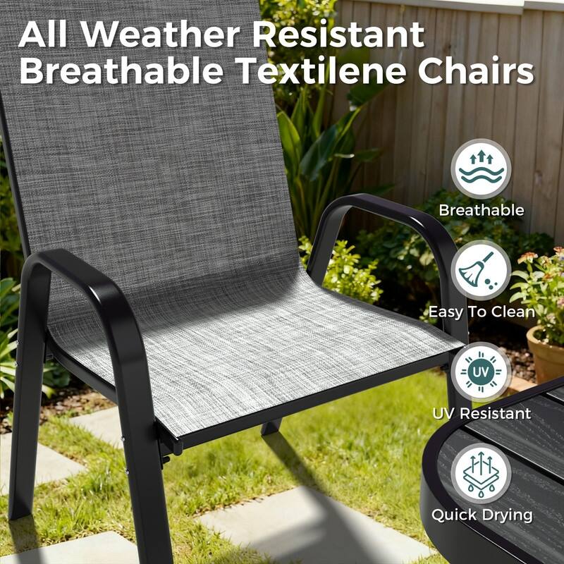 4-Person Patio Dining Set, Textilene Stackable Chairs and Square Table with Umbrella Hole