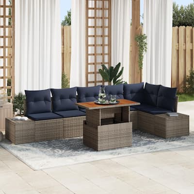 vidaXL 7 Garden Sofa Set with Cushions Black/Grey Poly Rattan - 125.6 x 60.6 x 27.2