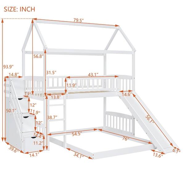 dimension image slide 1 of 2, Twin Over Full Bunk Bed with Slide,House Bed with Slide