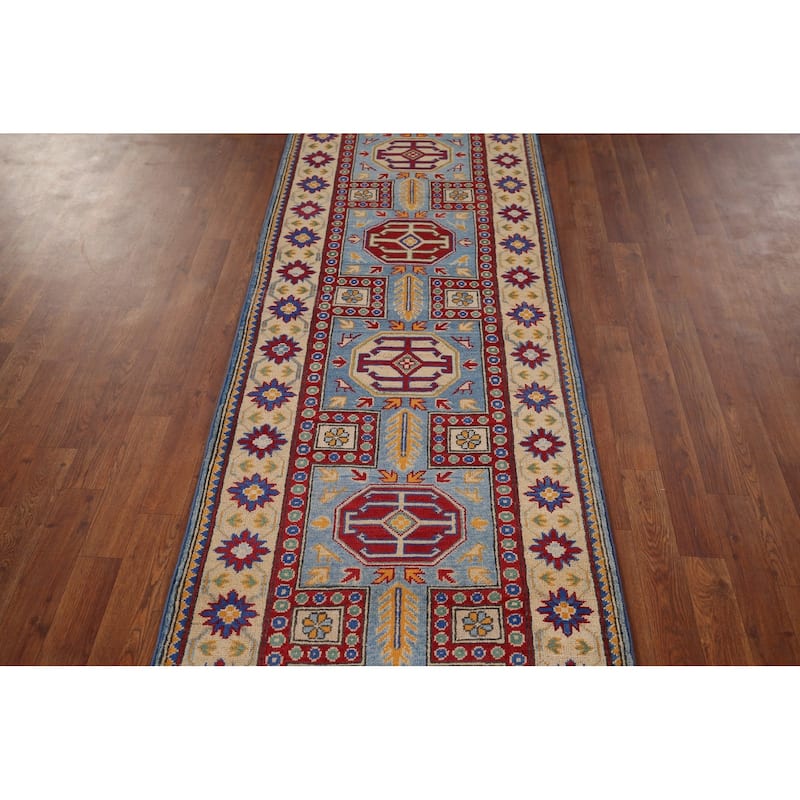Light Blue Kazak Runner Rug Handmade Wool Carpet - 2'7" x 20'7"