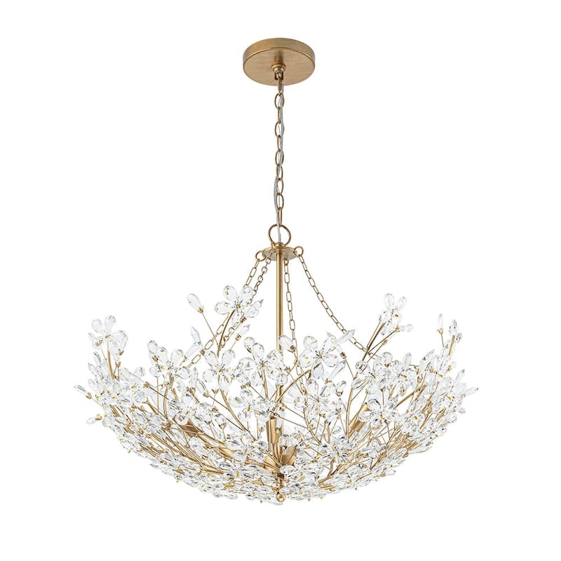 French Luxury Antique Brass Bloom Crystal Flower Chandelier - 28in