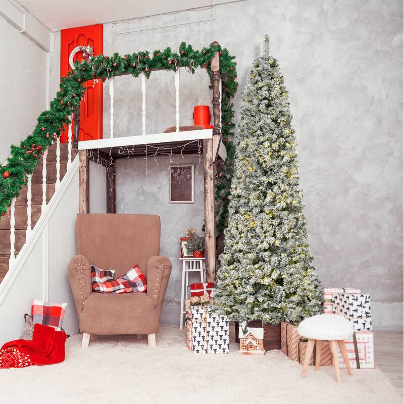 Slim Pre-Lit Artificial Christmas Tree with Snow Branch Tips