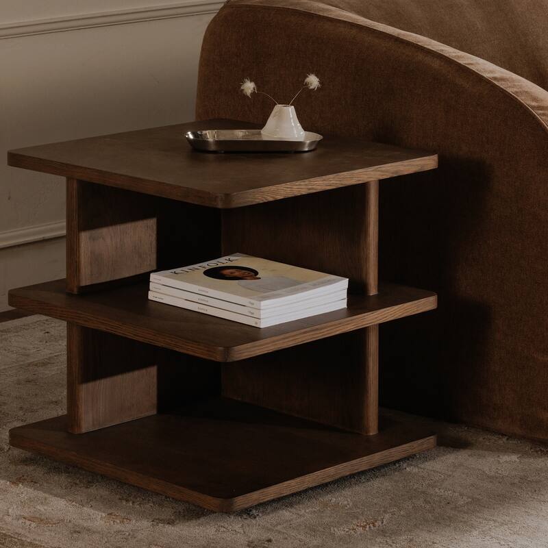 NADAAL STUDIOS Thalor Side Table, Square Dark Oak Top with Rounded Edge Shelves, Solid Oak Detail, Dark Brown