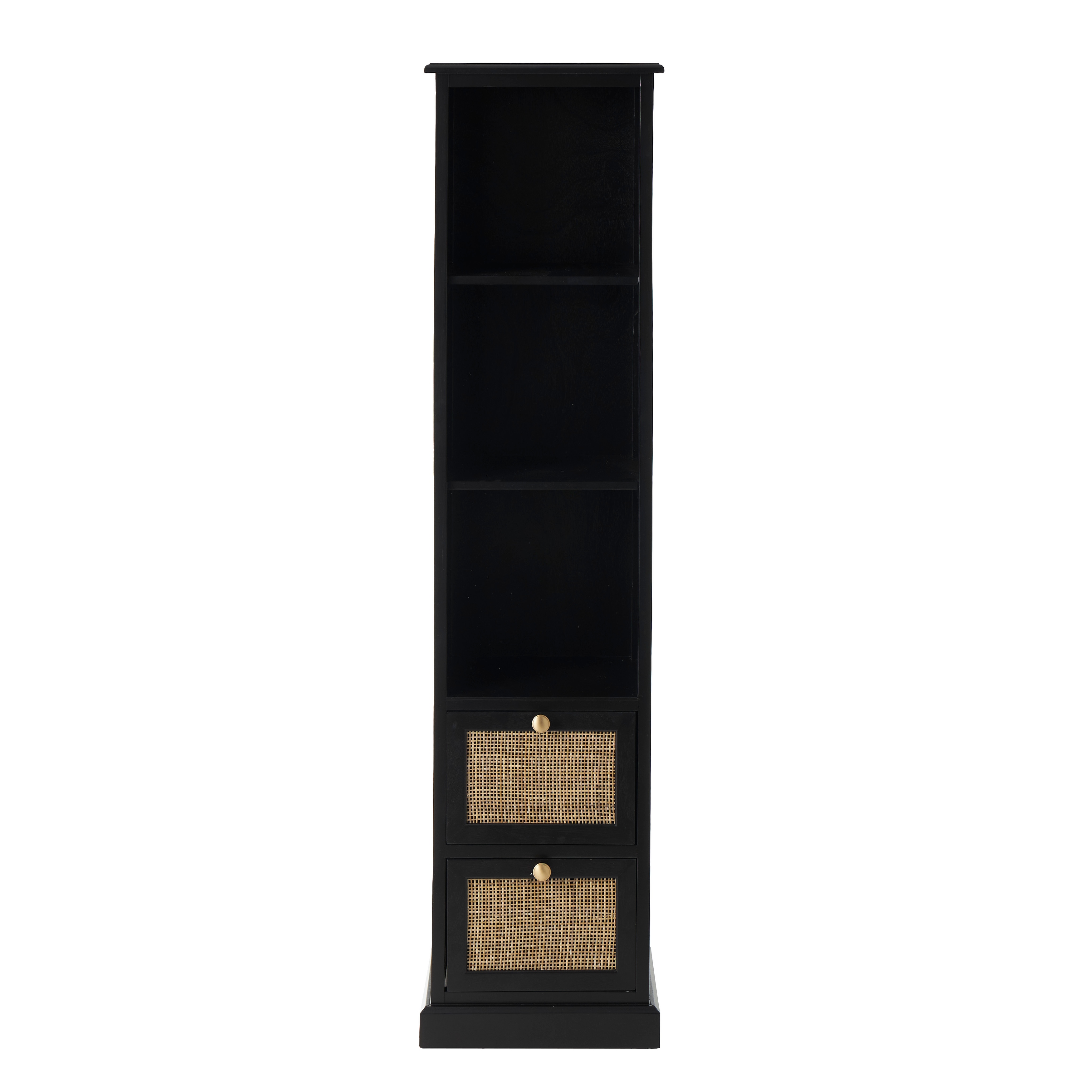Black Wood 3 Shelves and 2 Drawers Cabinet with Rattan Front