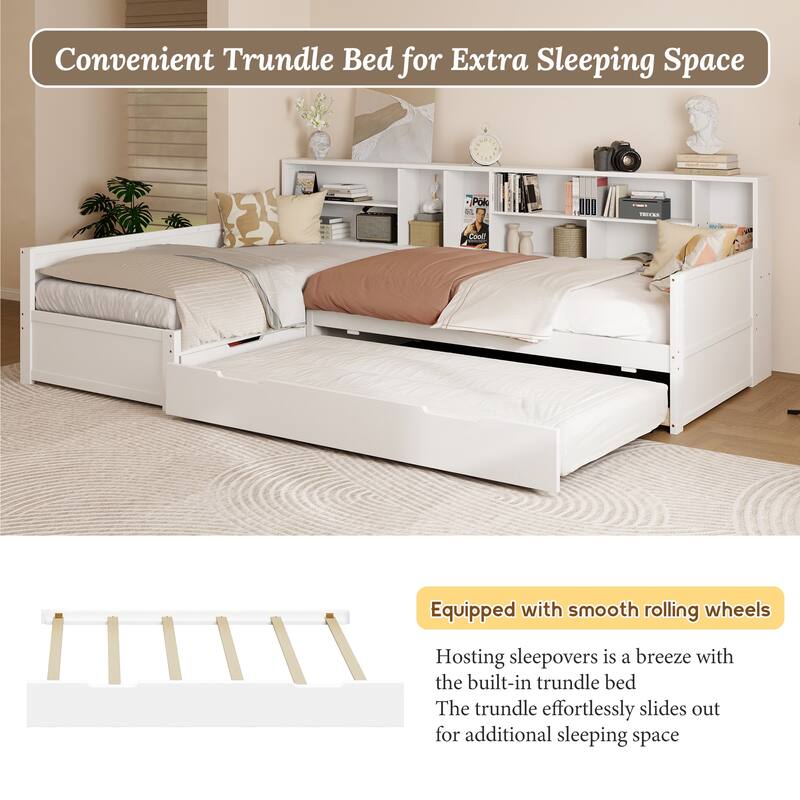 Wooden L Shaped Daybed with Under-bed Trundle and Storage Drawer