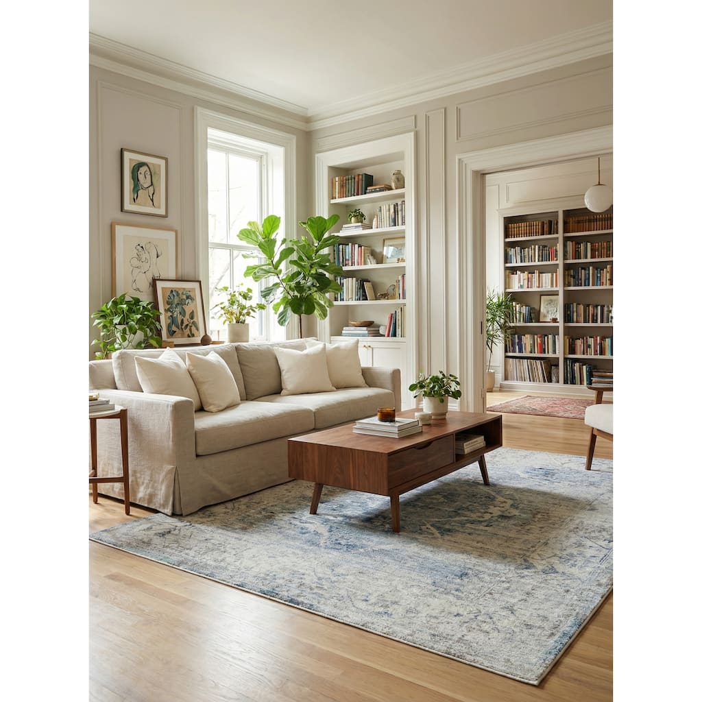 The Met X Exquisite Rugs Vintage Looms Light Blue/Beige Area Rug.