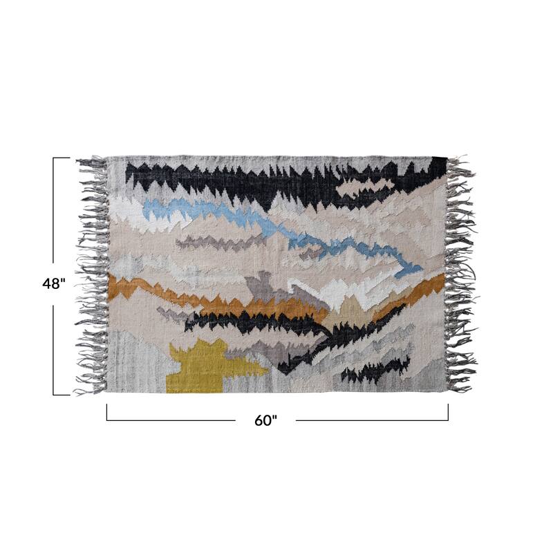 Woven Wool and Cotton Blend Rug with Abstract Design and Fringe - 72.0"L x 48.0"W x 0.3"H - 72.0"L x 48.0"W x 0.3"H