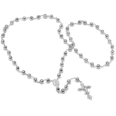 Gold or Platinum Plated Silver 8 mm Cut-out Bead Rosary Necklace