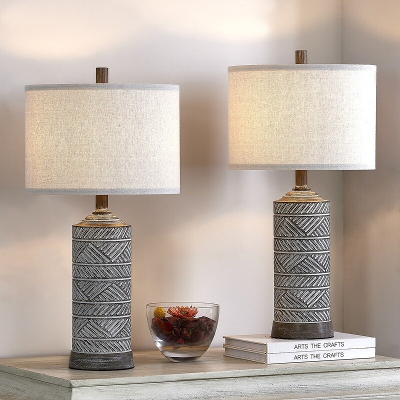 23.25 in. Distressed Wook look Finish Table Lamp Set with Fabric Lamp Shade and LED Bulbs Included Set of 2