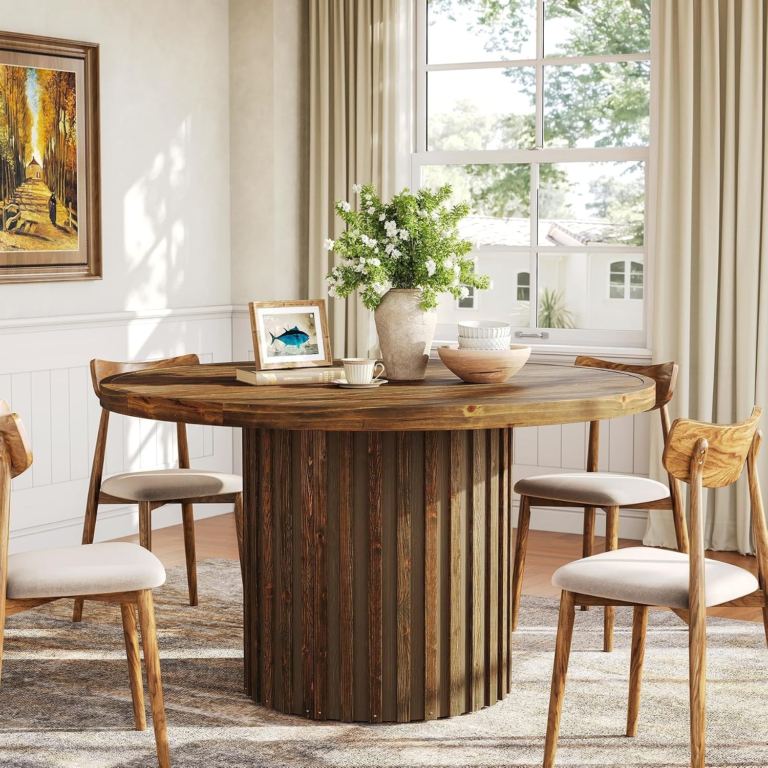 47-Inch Round Wood Kitchen Dining Table with Striped Pedestal Base for 4-6 People