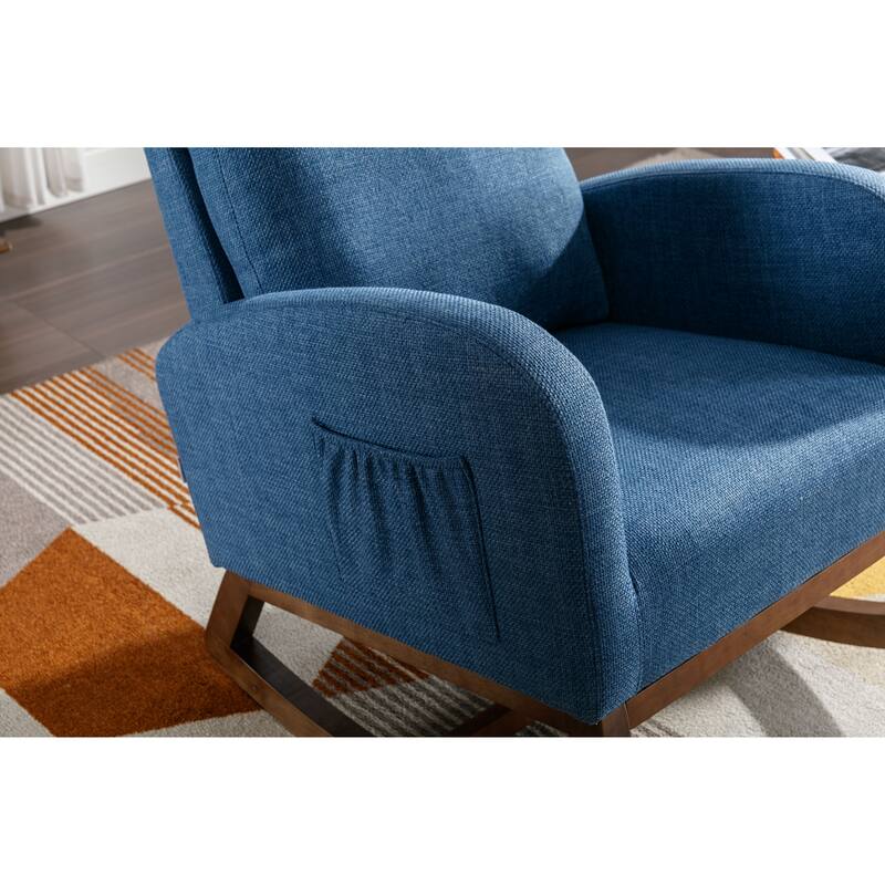 Linen High-Back Rocking Chair with Recliner Function, Side Pocket, and Solid Wood Legs