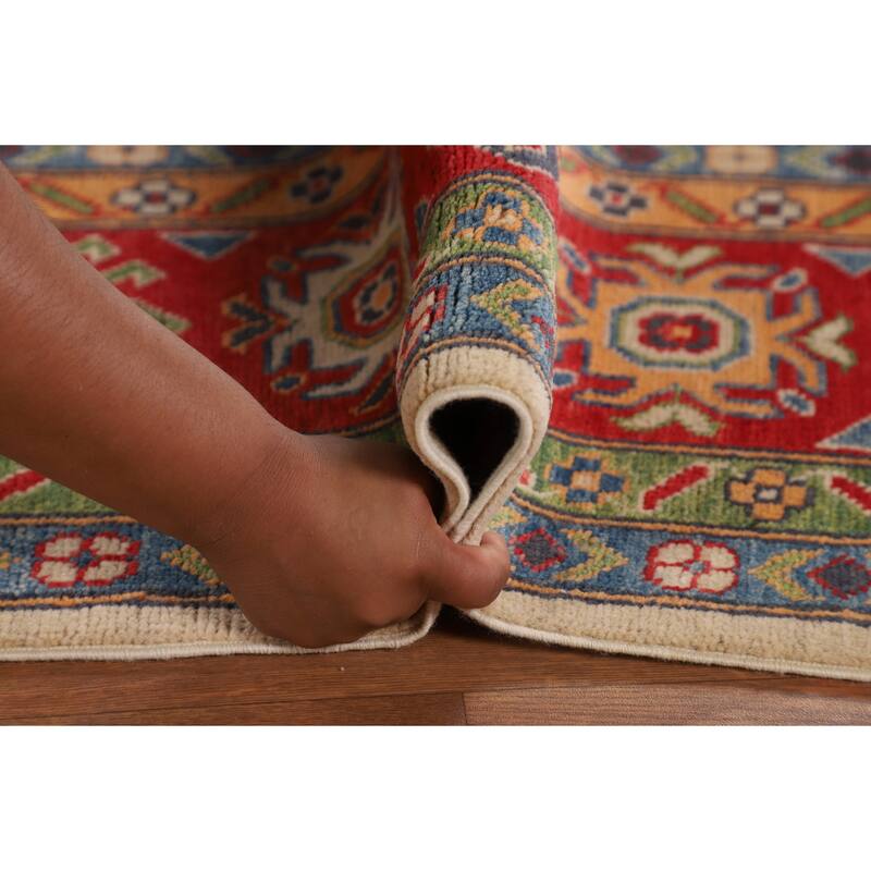 Geometric Kazak Area Rug Hand-Knotted Beige / Ivory Wool Carpet - 6'5" x 9'8"