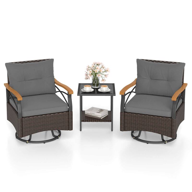 Costway 3 PCS Outdoor Swivel Chair Set with 2-Tier Tempered Glass Side - See Details