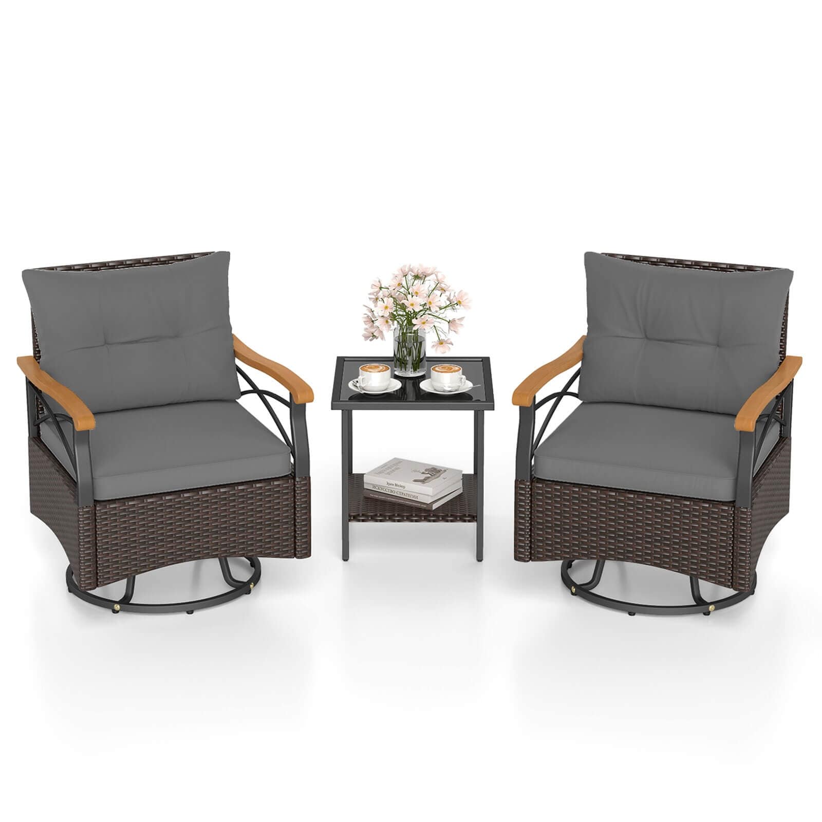 Costway 3 PCS Outdoor Swivel Chair Set with 2-Tier Tempered Glass Side - See Details