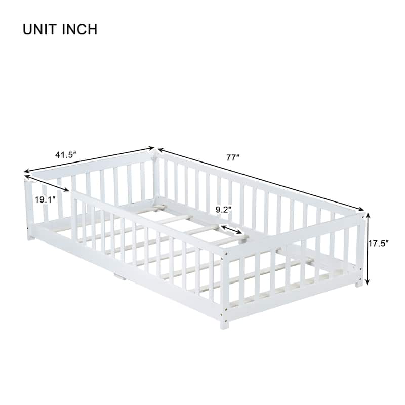 Twin Size Floor Bed with Fence and Safety Guardrails, without Door