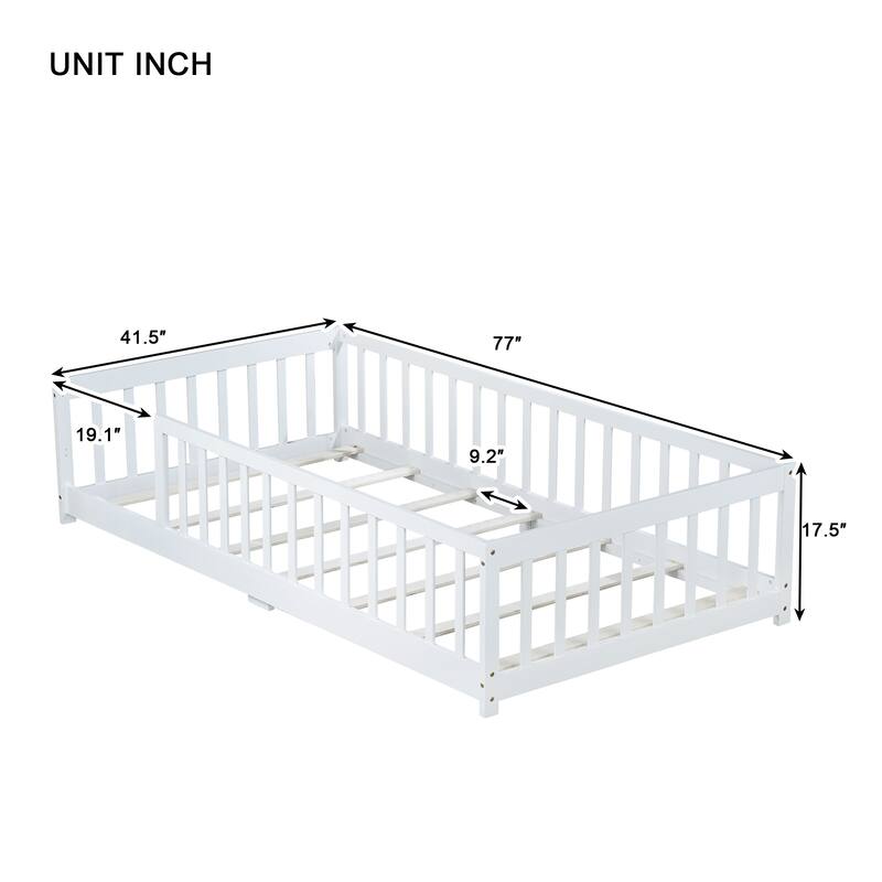 Wooden Twin Size Floor Bed with Slat Support, Rubber Wood Twin Floor Platform Bed Frame with Full Surrounding High Fence