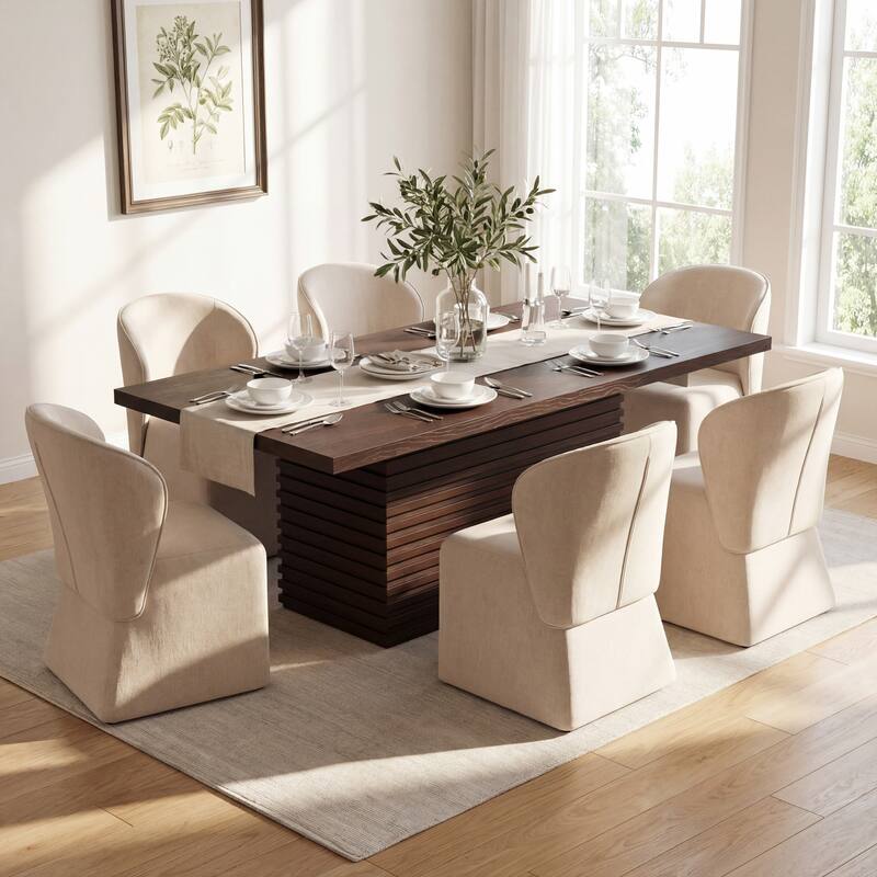 Christopher Knight Home - Eddie 7-Piece Upholstered Dining Set with 84" Rectangular Pillar Base Dining Table - Espresso+Beige