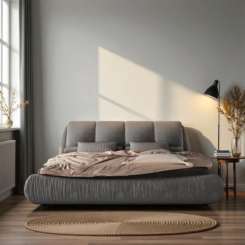 Queen/King Size Luxury Upholstered Platform Bed with Oversized Padded Headboard, Solid Wood Frame & Adjustable Mattress Height - Grey - Queen