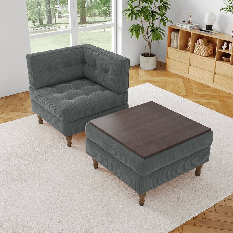 Corduroy L-shape Modular Corner Sectional Sofa with Reversible Storage Ottoman