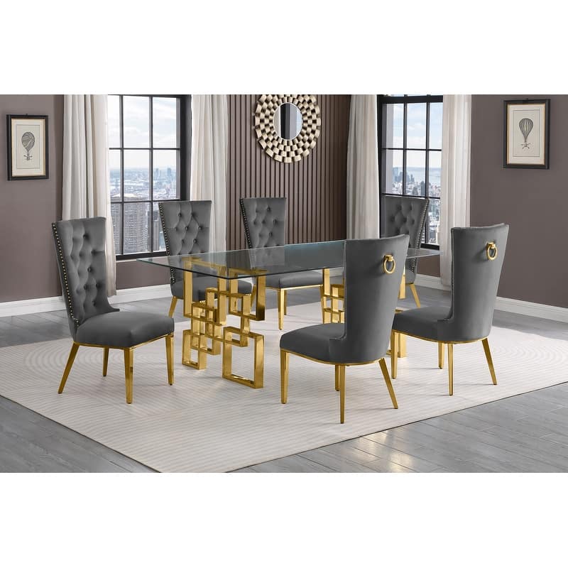 Best Quality Furniture D221/2-SC330-7 Dining Set with 12mm Tempered Glass - 7-Piece - Dark Grey with Gold