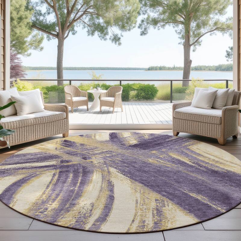 Machine Washable Indoor/ Outdoor Abstract Brushstroke Chantille Rug - Plum - 8' x 8'