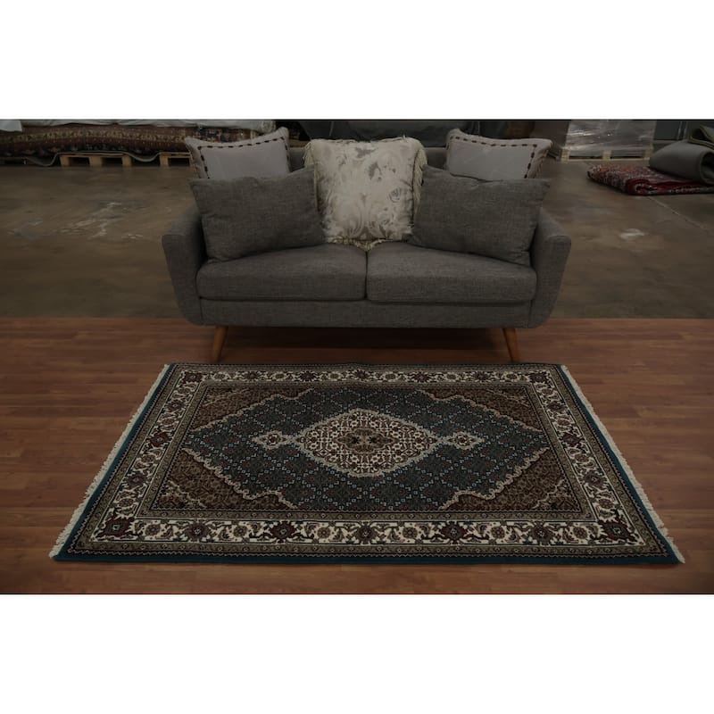 Hand Knotted Oriental 100% Wool Carpet Traditional Floral Navy Blue & Blues Tabriz-Mahi Area Rug - 5' 9'' X 3' 9''