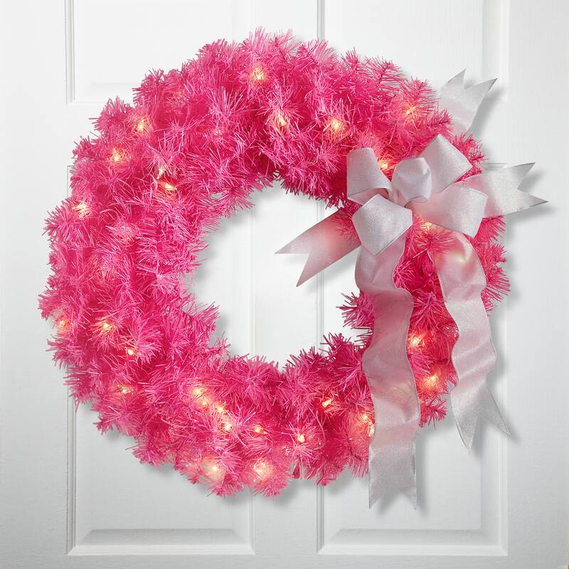Pre-Lit Tinsel Artificial Christmas Wreath - 24" - Pink - Clear Lights