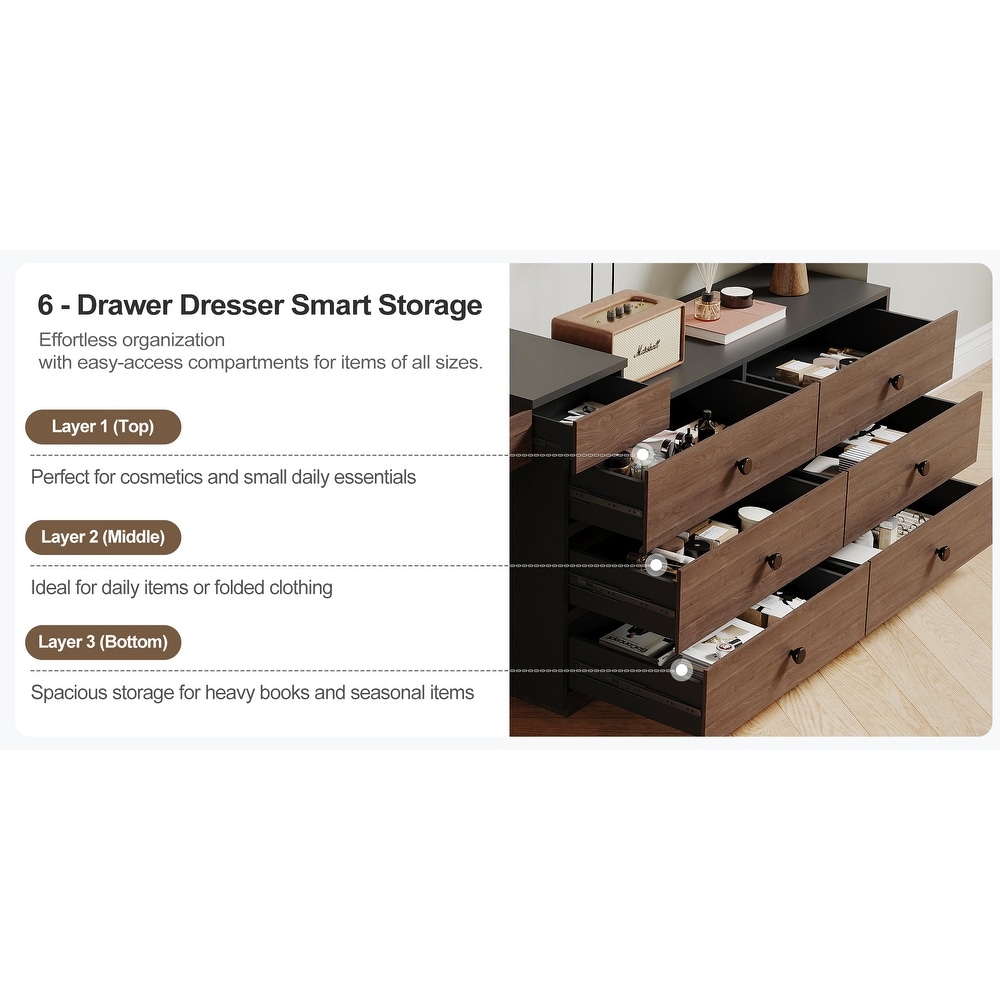 Home Office Storage Expandable Dresser Desk Combo With Flip-Top Makeup Mirror and 6 Storage Drawers
