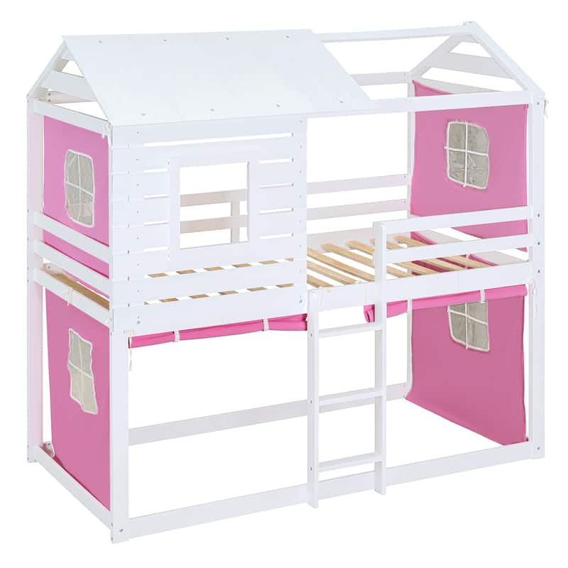 Pink+White Twin Size Solid Wood House Bunk Bed with Tent, Ladder and Fence for Kids, Bedroom