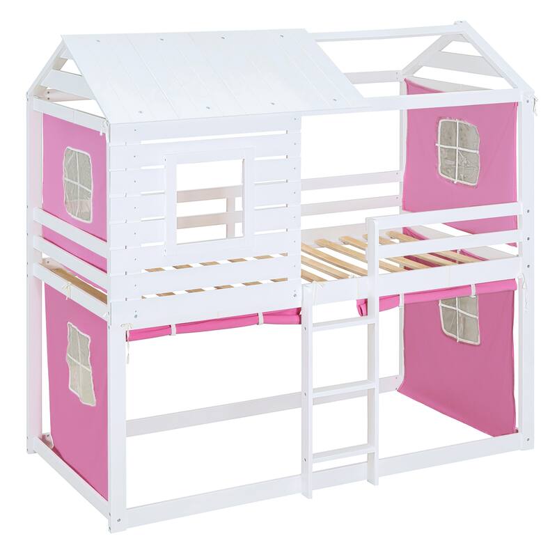 Solid Wood House Bunk Bed with Tent, Ladder and Fence for Kids, Bedroom